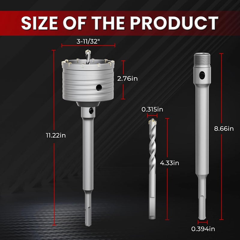 CSOOM منشار ثقوب خرسانية 3-11/32" (85mm) مع قضيب توصيل SDS Plus بطول 220mm، منشار خرسانة من كربيد للخرسانة، جدار الطوب، الحجر - Image 2